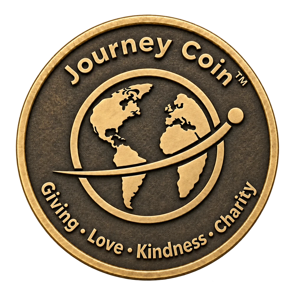 Journey Coin in antique brass with the connected-globe design