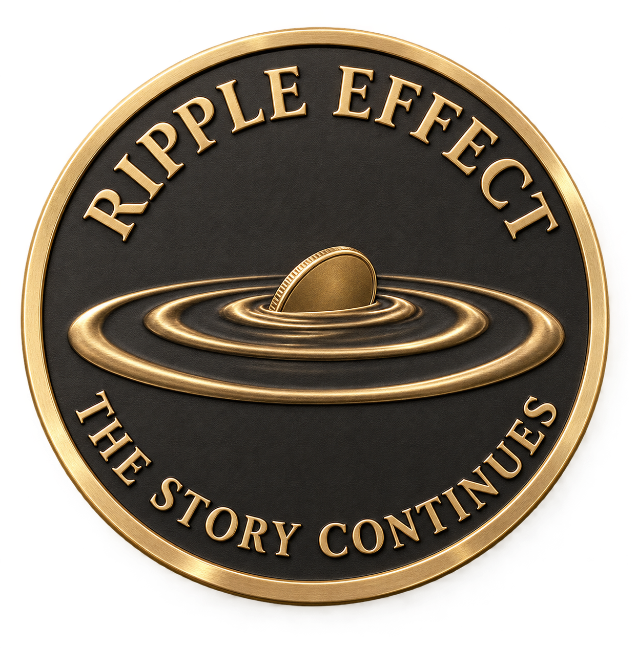 Ripple Effect coin front: a coin making ripples, with The story continues around the rim